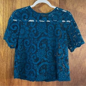 NANETTE LEPORE Teal Blue Lace Top w Bow Sz S